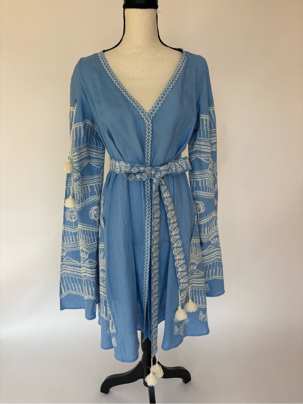 Light Blue Embroidered Long-Sleeve V-Neck Belted Dress